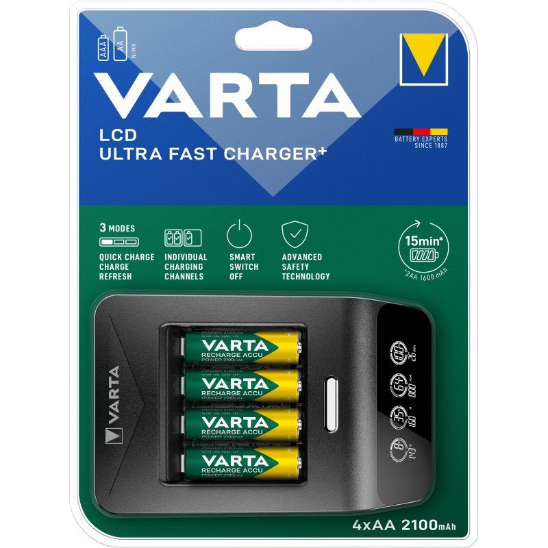 Chargeur VARTA LCD 15 min + adapt 12V + 4 AA 2100mAh