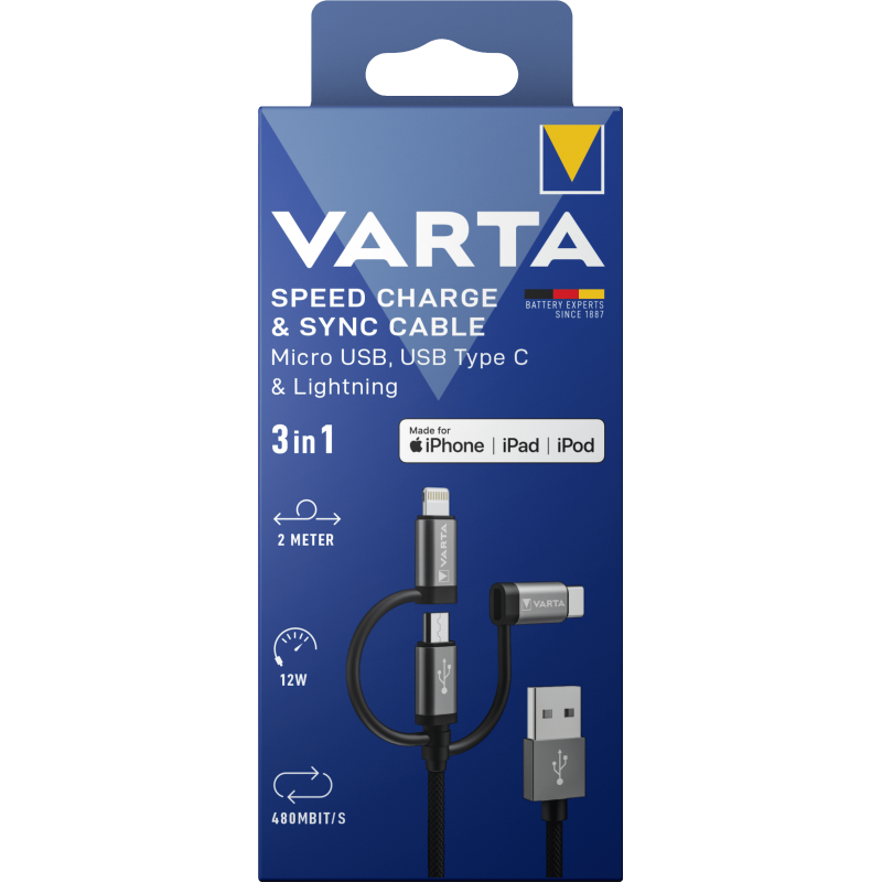 VARTA Speed Charge & Sync cable: 3 in 1 USB A to Lightning/Micro/Type C Box